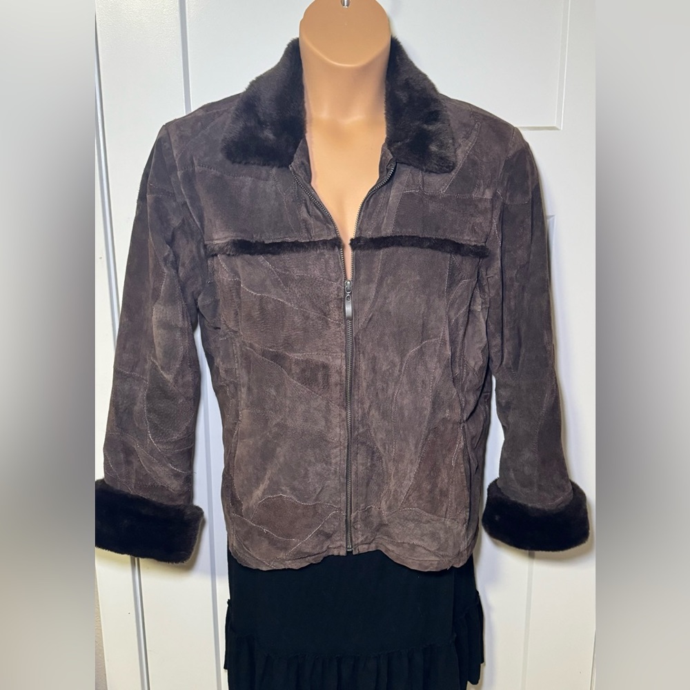 Vintage 90s Leather Works Size Extra Large Faux Fur Collared Patchwork Jacket